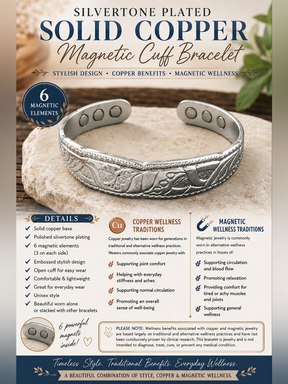 Silvertone Plated Copper Magnetic Cuff Bracelet — Silver